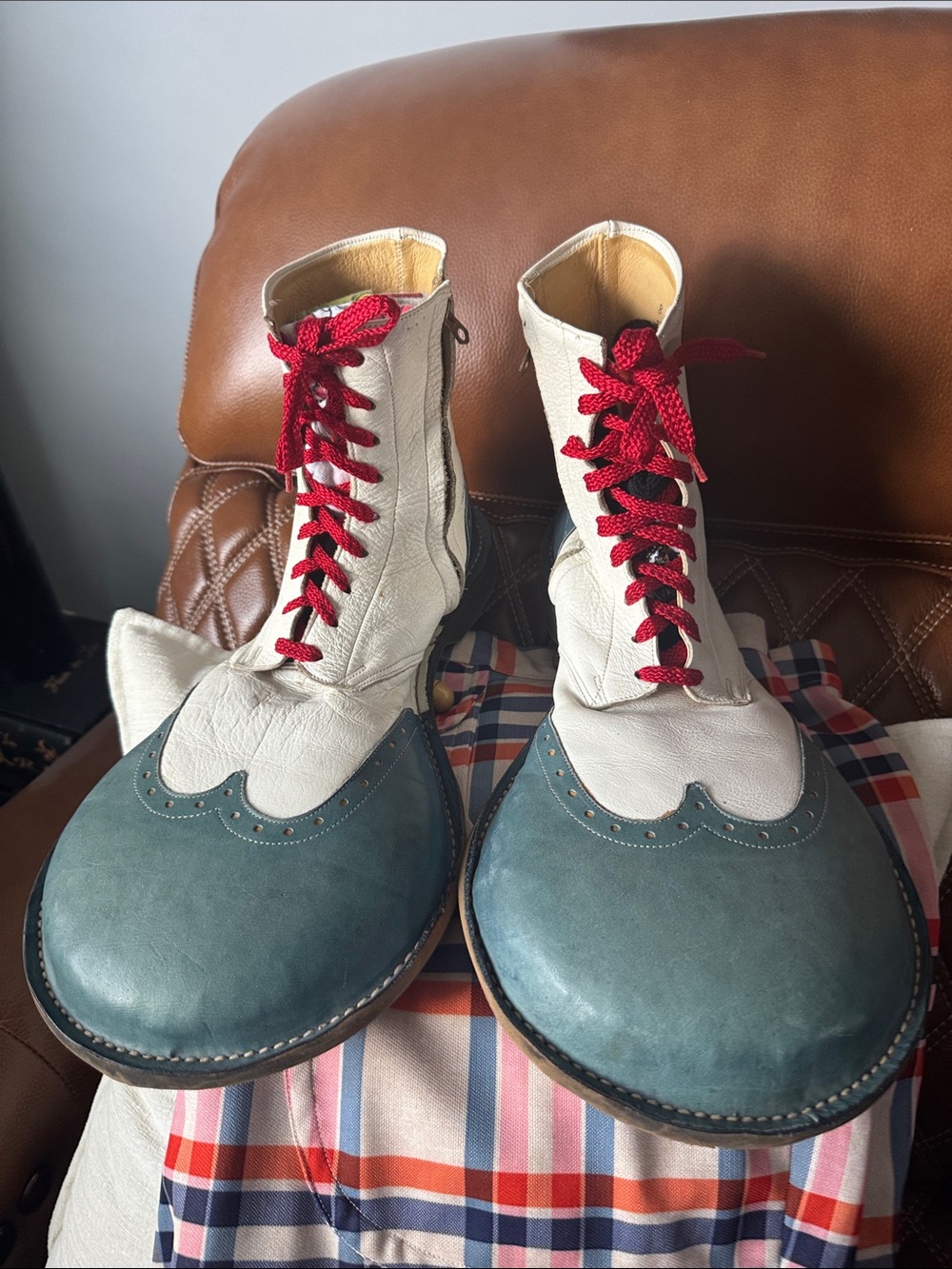 Vintage professional clown, shoes Two-Tone Leather Lace-Up Boots with Red Laces